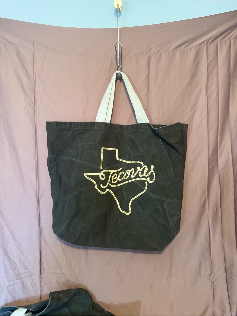 Tecovas Black Canvas Tote Bags with Cream Handles and Texas Script